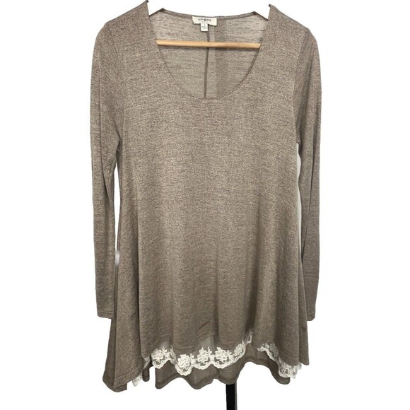 Umgee Top Tunic Long Sleeve Lace Hem Scoop Neck Stretch Brown Small Cottage Boho - Picture 2 of 6